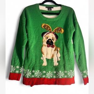 Festive Green Sweater with Pug and Antlers